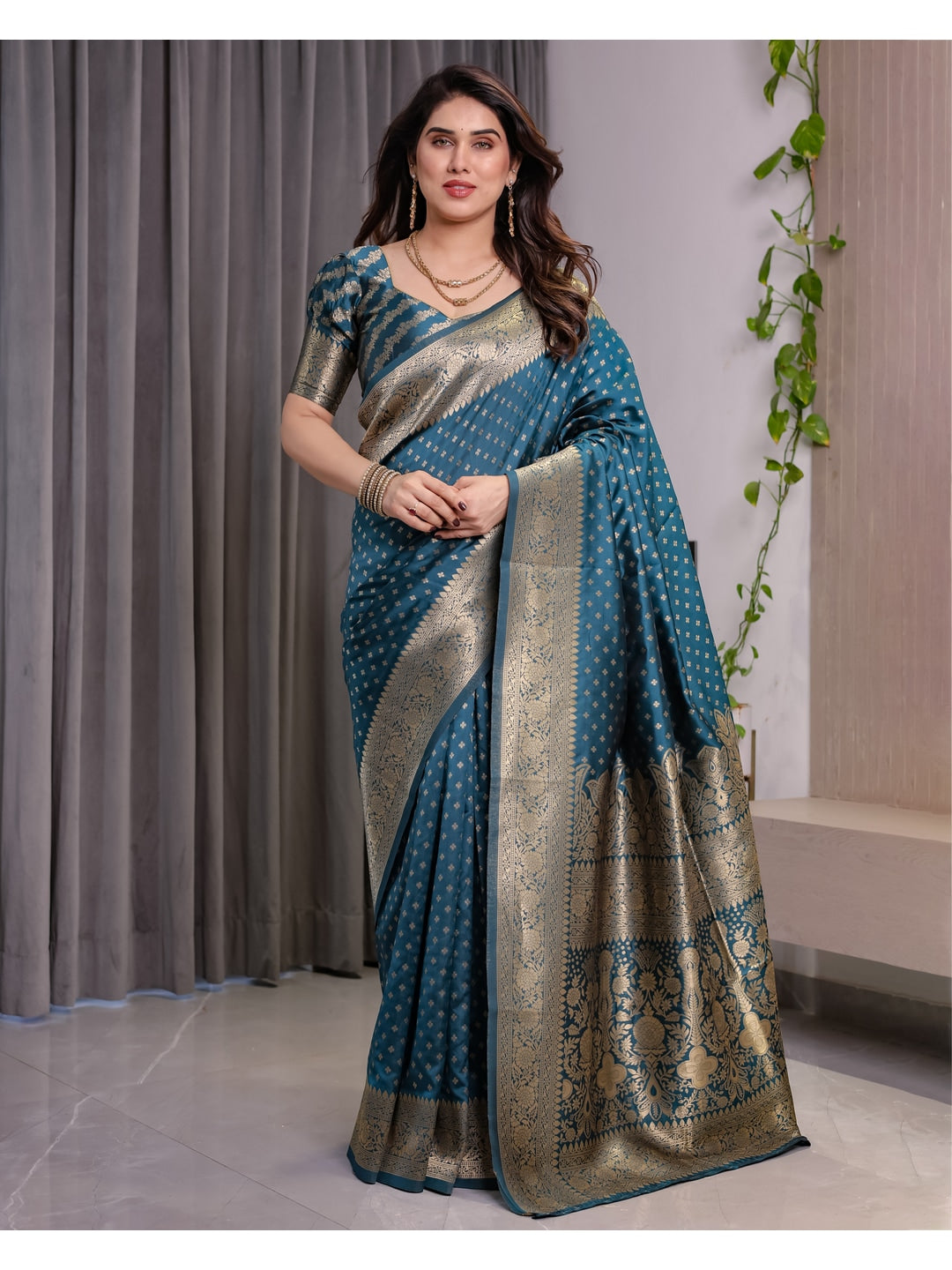 Rama Blue Soft Lichi Silk Saree with Zari Woven Border - Image 1