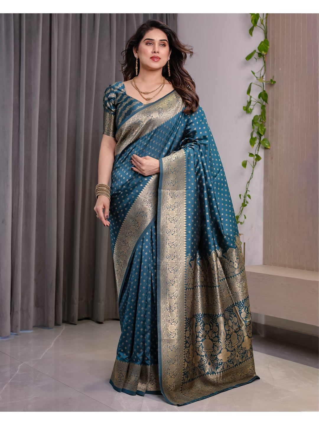 Rama Blue Soft Lichi Silk Saree with Zari Woven Border - Image 4