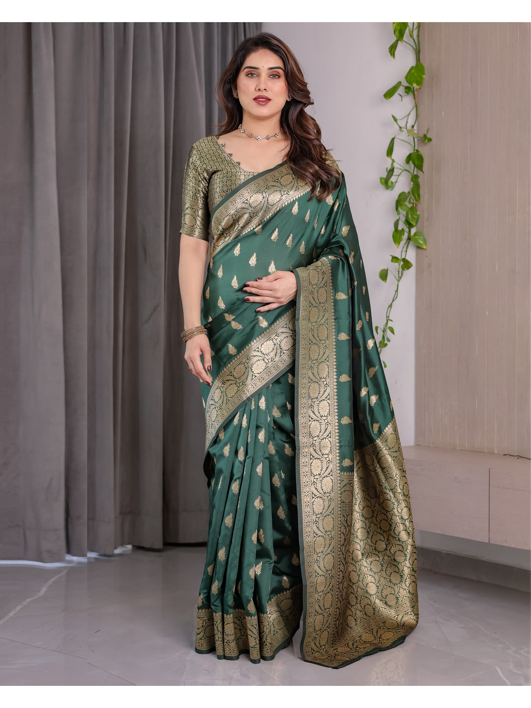 Green Soft Lichi Silk Saree with Zari Woven Border - Image 1