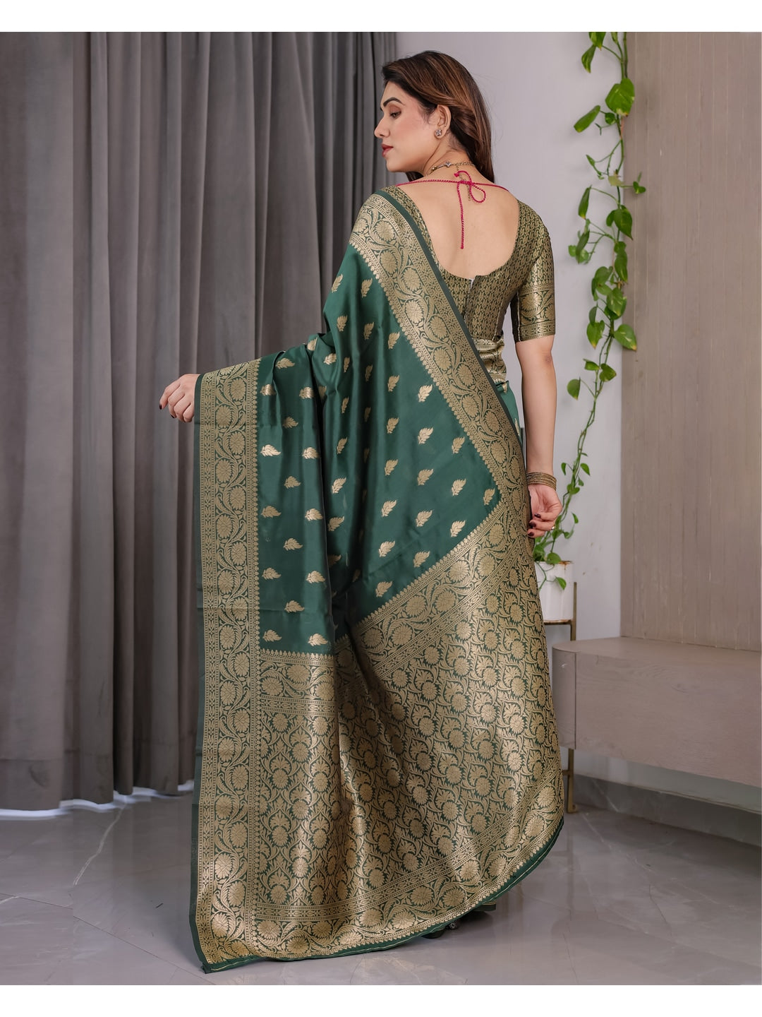 Green Soft Lichi Silk Saree with Zari Woven Border - Image 3