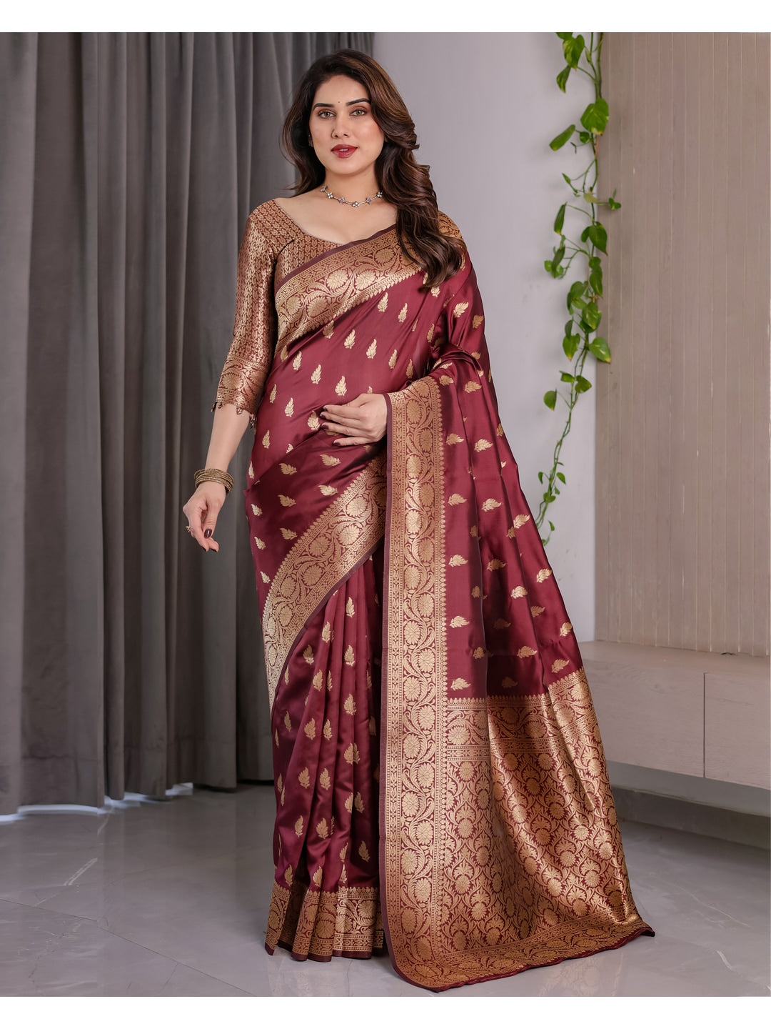 Maroon Soft Lichi Silk Saree with Zari Woven Border - Image 1