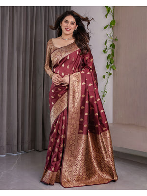 Maroon Soft Lichi Silk Saree with Zari Woven Border - Image 2