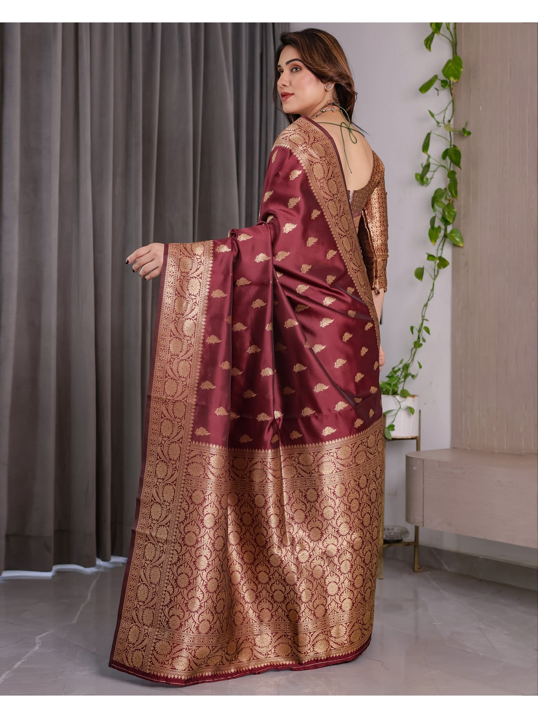 Maroon Soft Lichi Silk Saree with Zari Woven Border - Image 3
