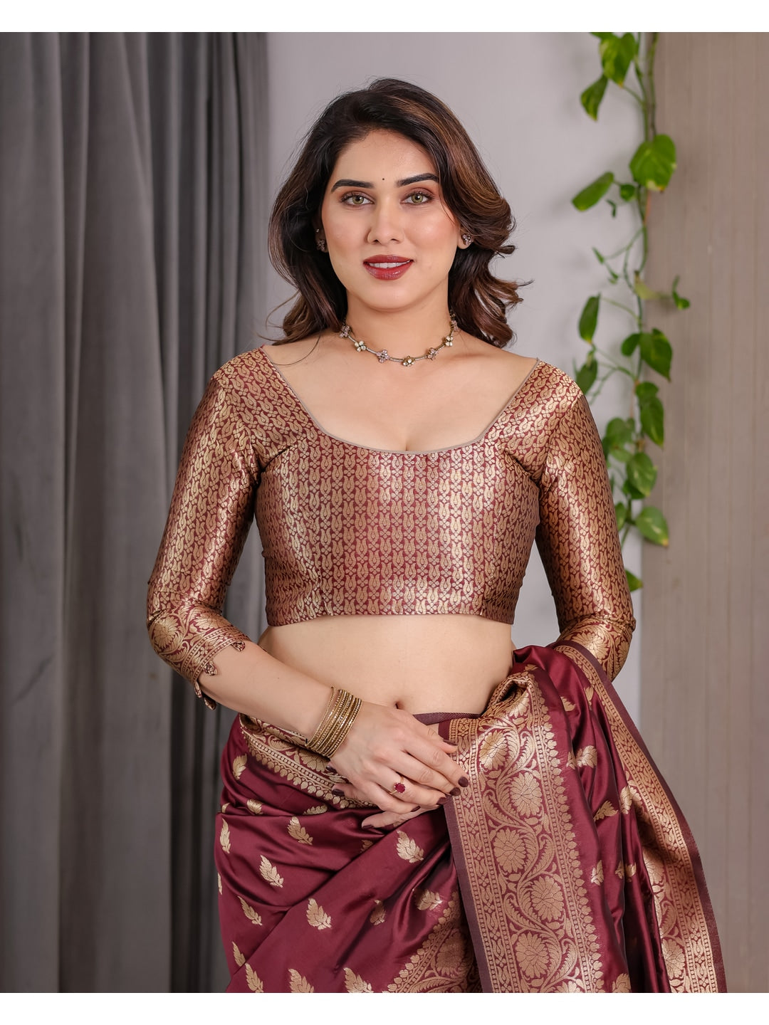 Maroon Soft Lichi Silk Saree with Zari Woven Border - Image 4