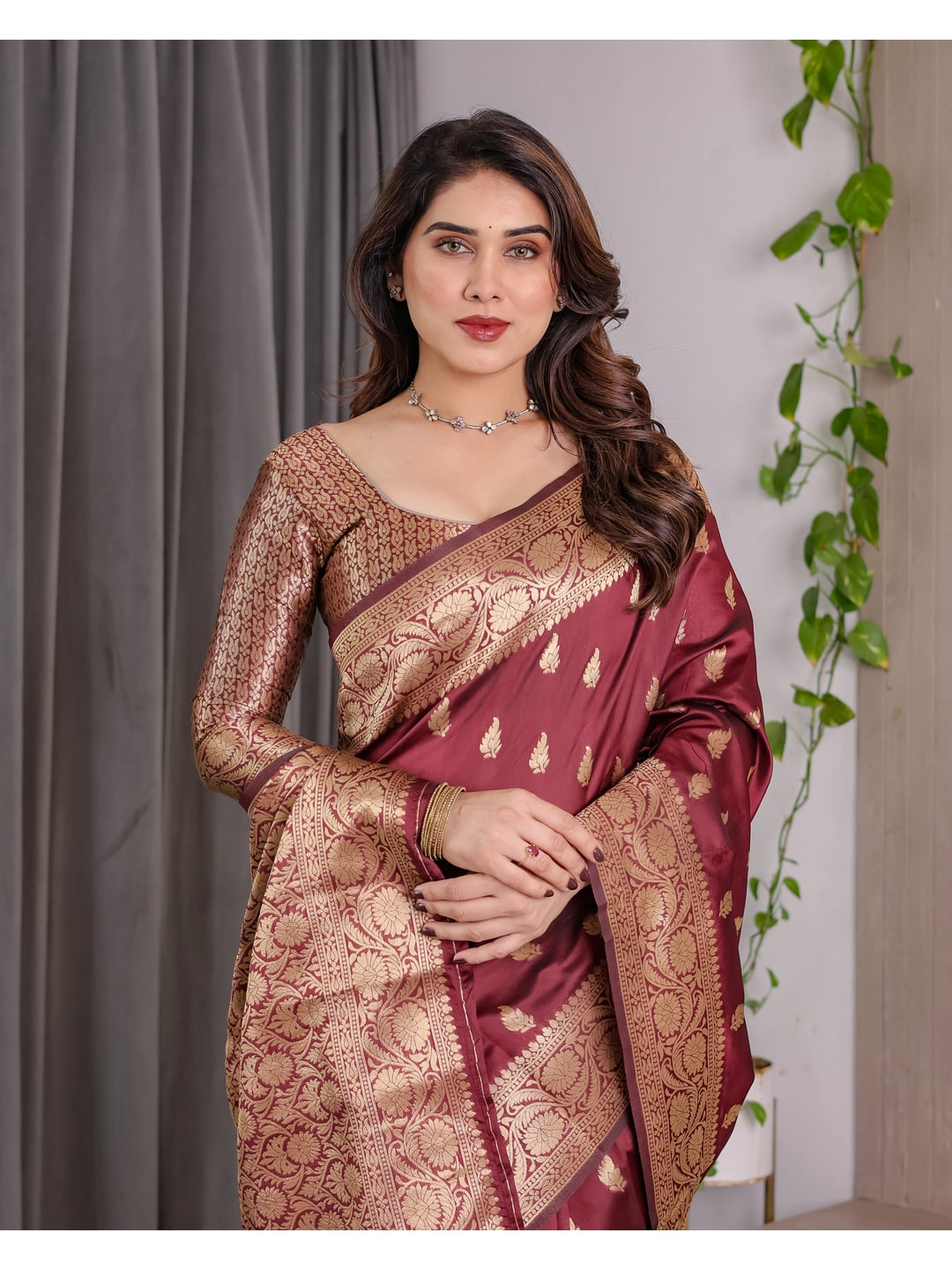 Maroon Soft Lichi Silk Saree with Zari Woven Border - Image 5