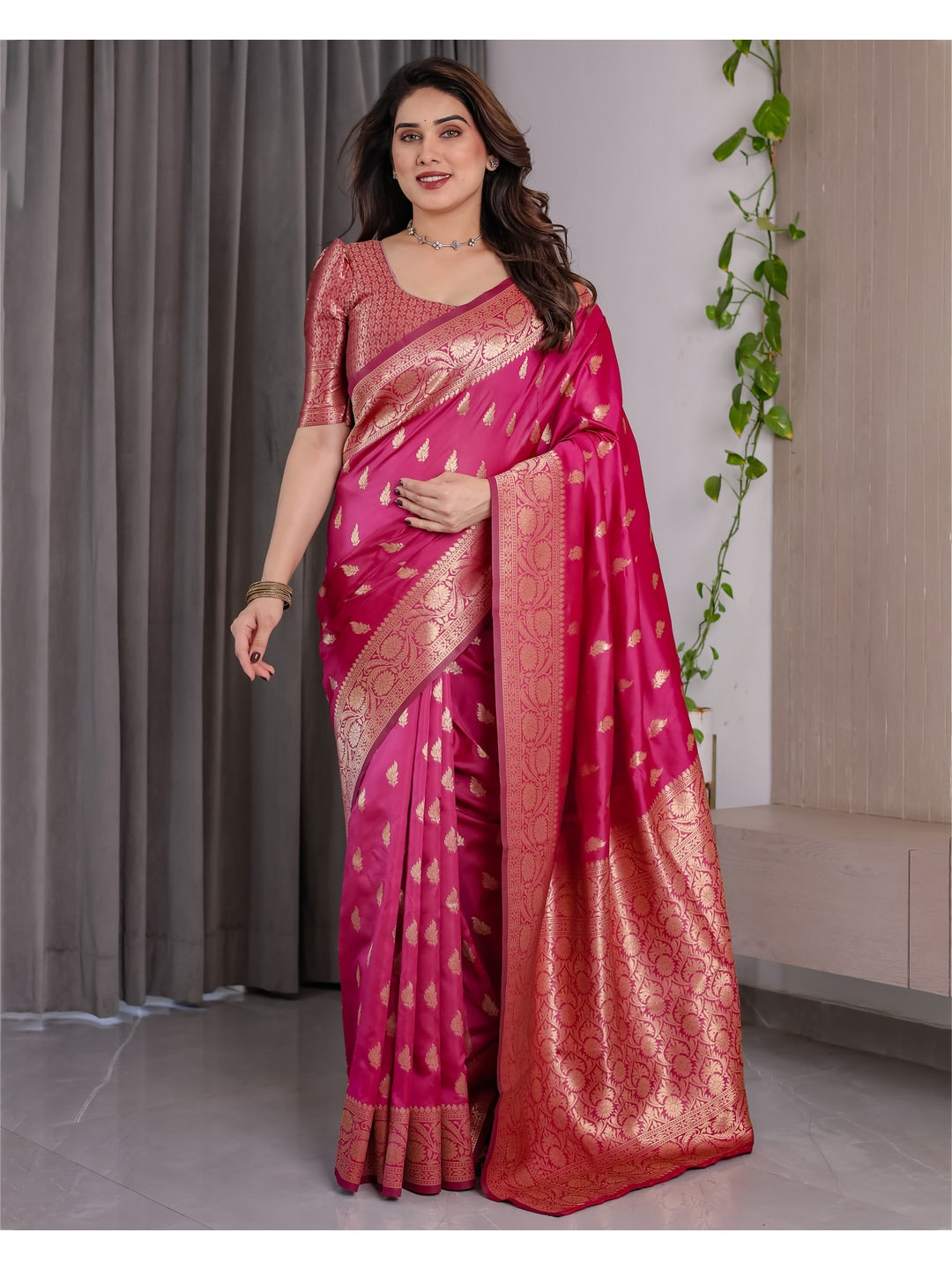 Pink Soft Lichi Silk Saree with Zari Woven Border - Image 1