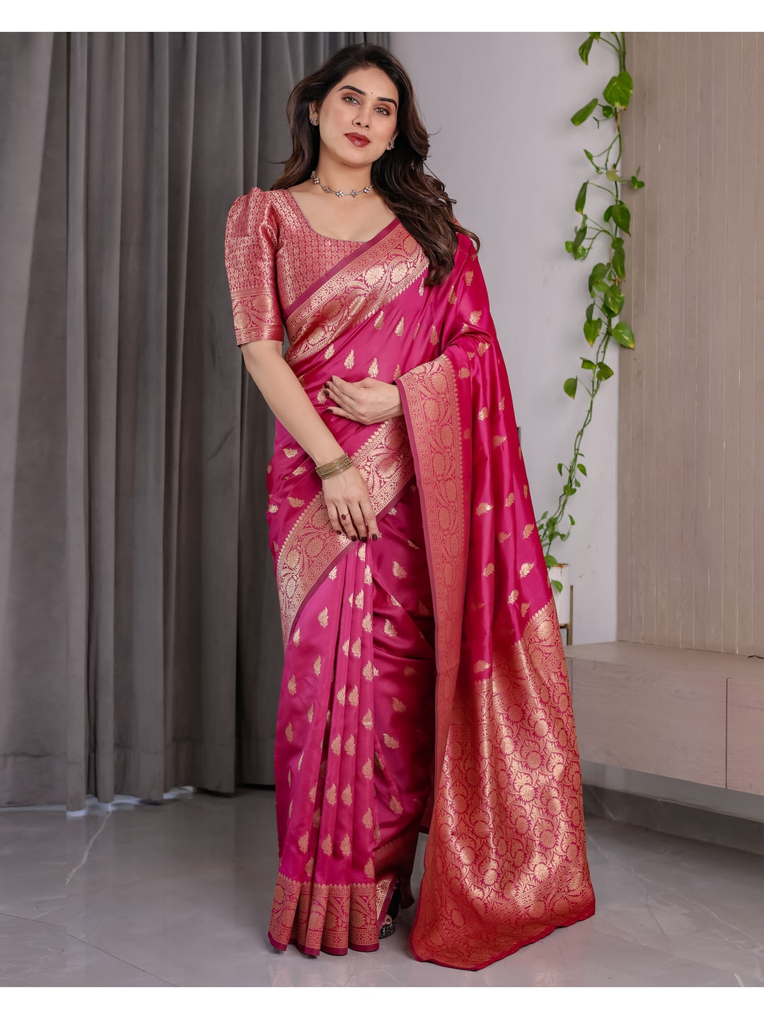 Pink Soft Lichi Silk Saree with Zari Woven Border - Image 2