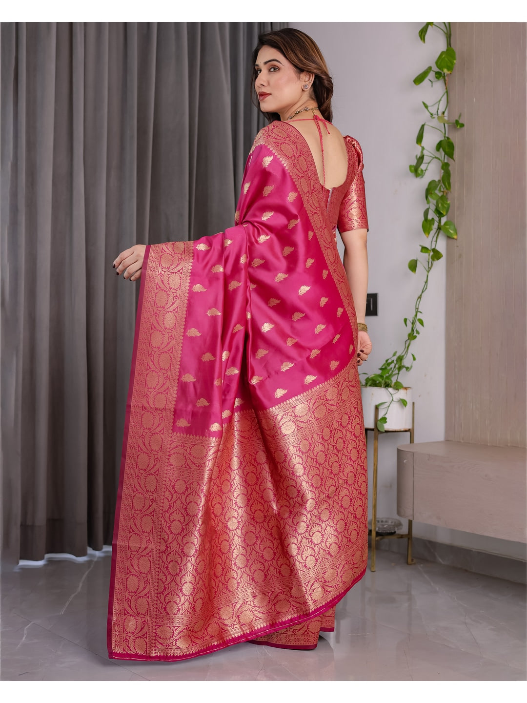 Pink Soft Lichi Silk Saree with Zari Woven Border - Image 3