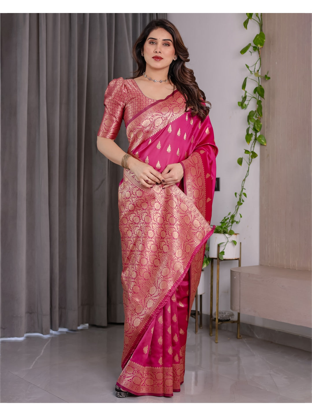 Pink Soft Lichi Silk Saree with Zari Woven Border - Image 5