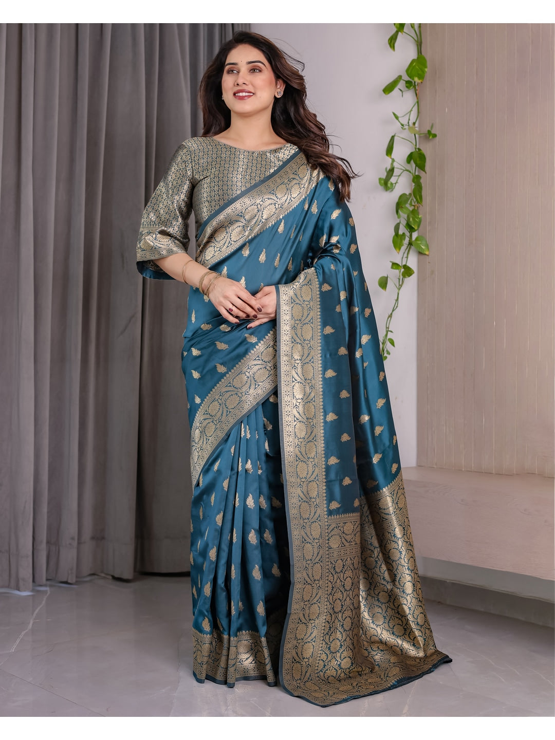 Rama Blue Soft Lichi Silk Saree with Zari Woven Border - Image 1