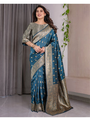 Rama Blue Soft Lichi Silk Saree with Zari Woven Border - Image 1