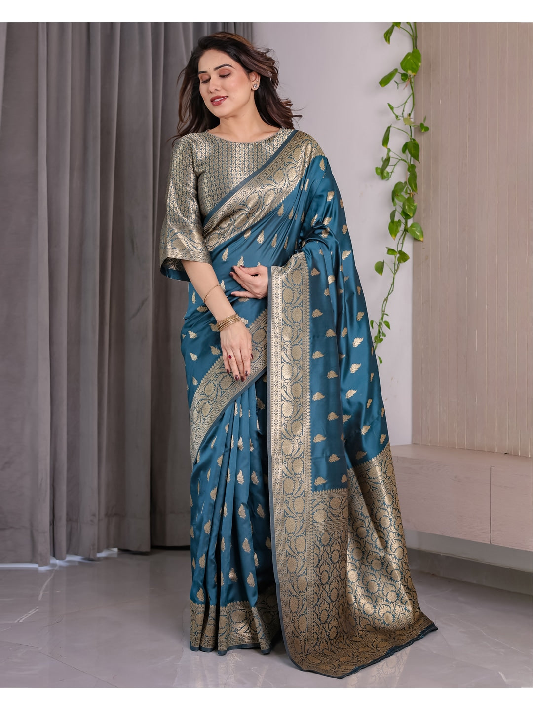 Rama Blue Soft Lichi Silk Saree with Zari Woven Border - Image 3