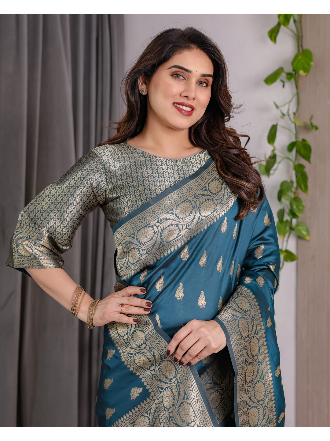 Rama Blue Soft Lichi Silk Saree with Zari Woven Border - Image 6
