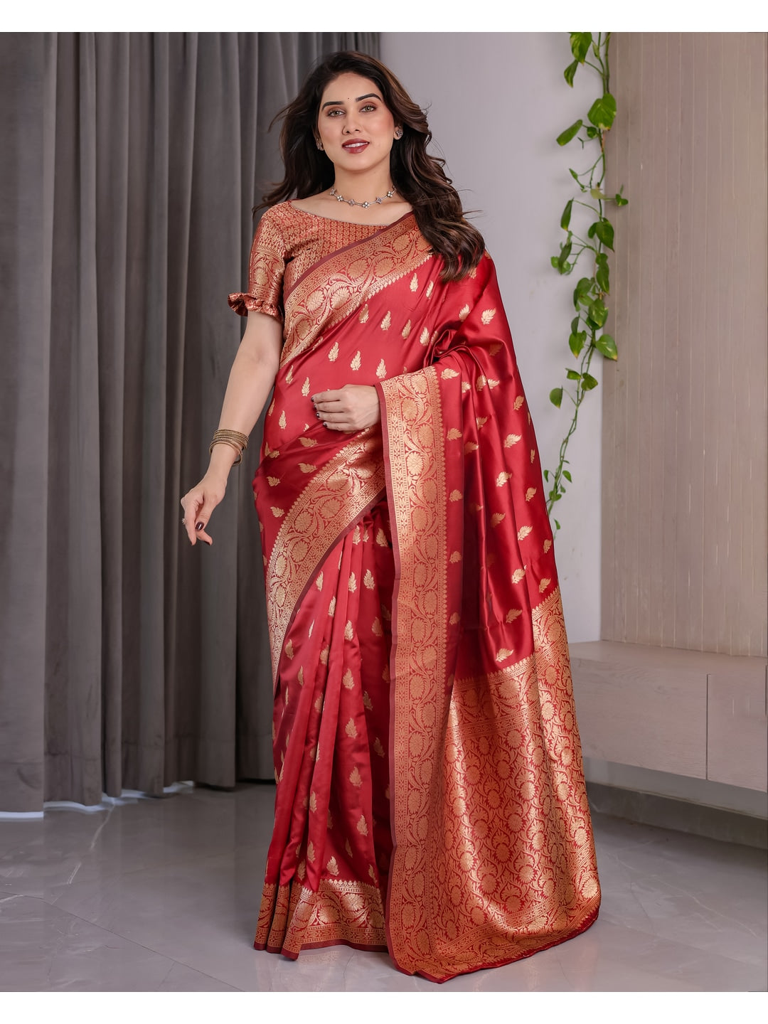 Red Soft Lichi Silk Saree with Zari Woven Border - Image 1