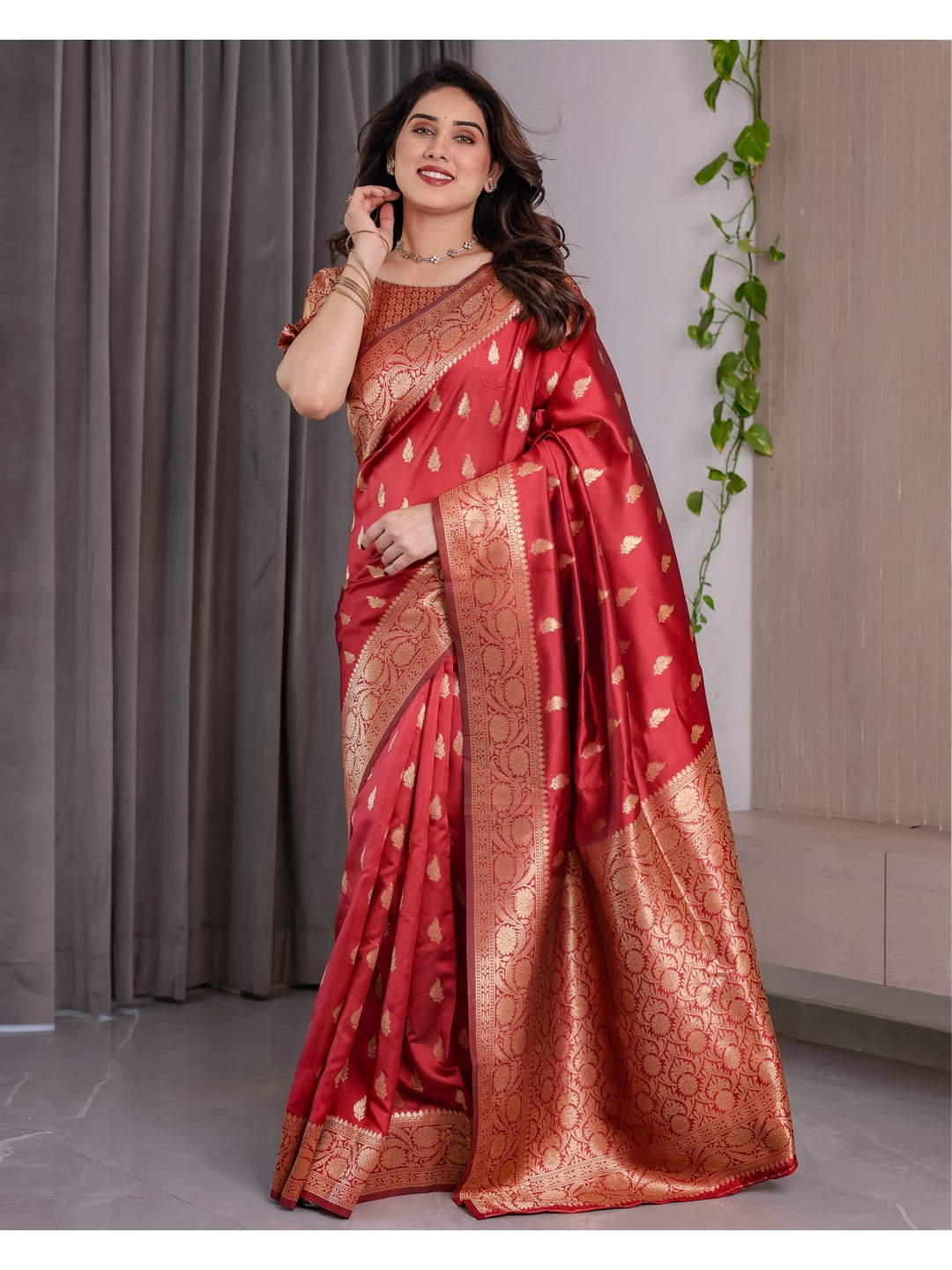 Red Soft Lichi Silk Saree with Zari Woven Border - Image 2
