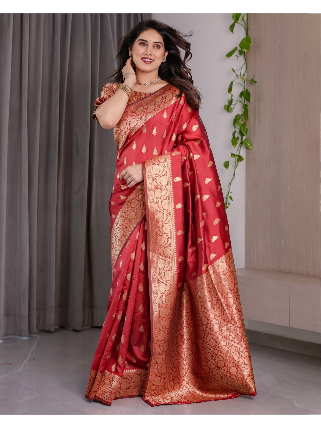 Red Soft Lichi Silk Saree with Zari Woven Border - Image 5