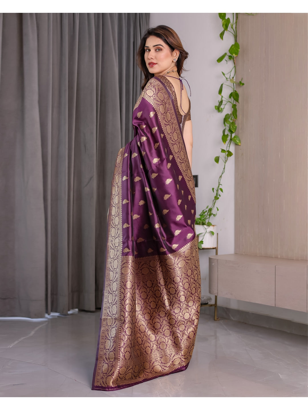 Wine Soft Lichi Silk Saree with Zari Woven Border - Image 3