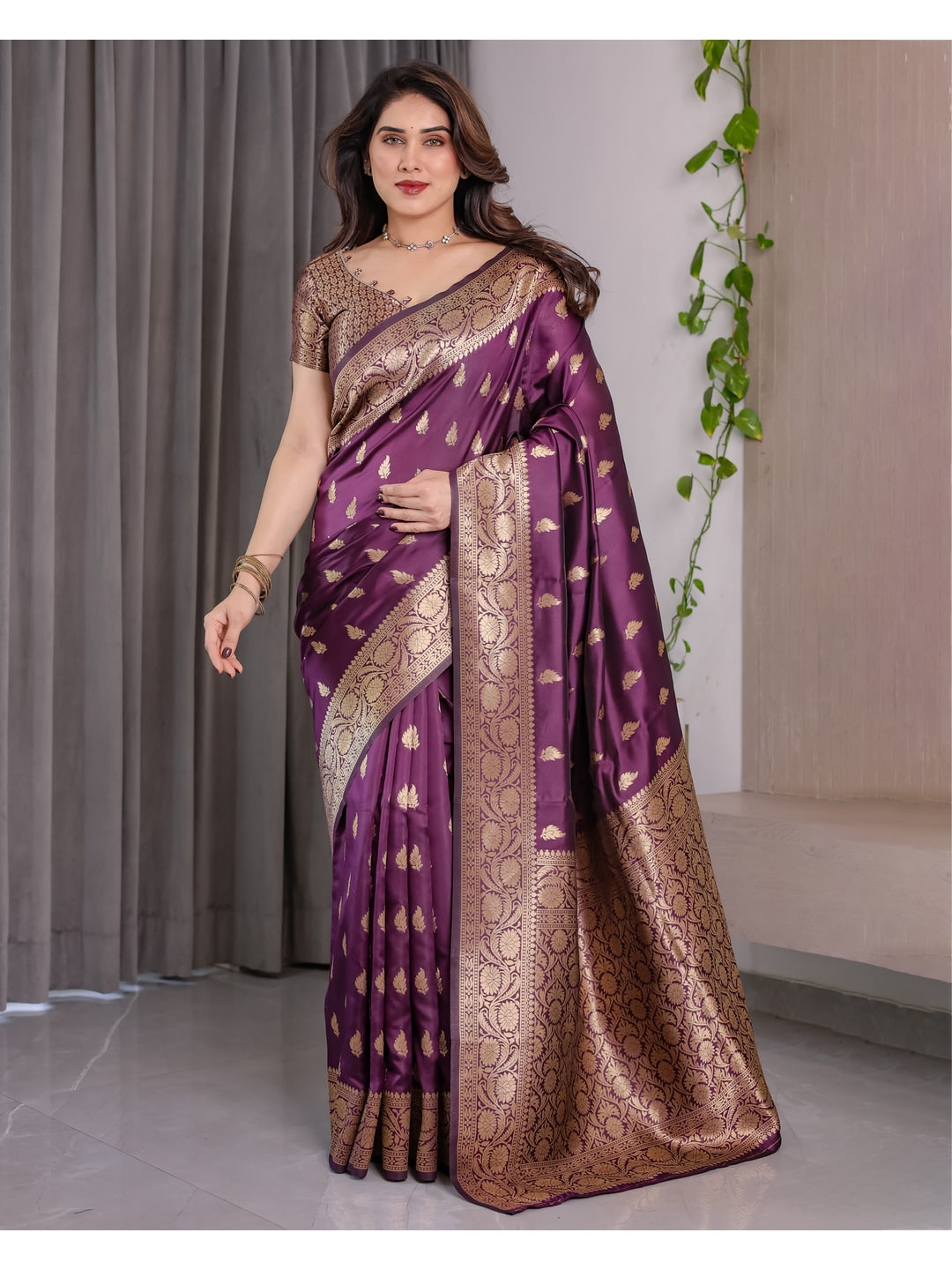 Wine Soft Lichi Silk Saree with Zari Woven Border - Image 5