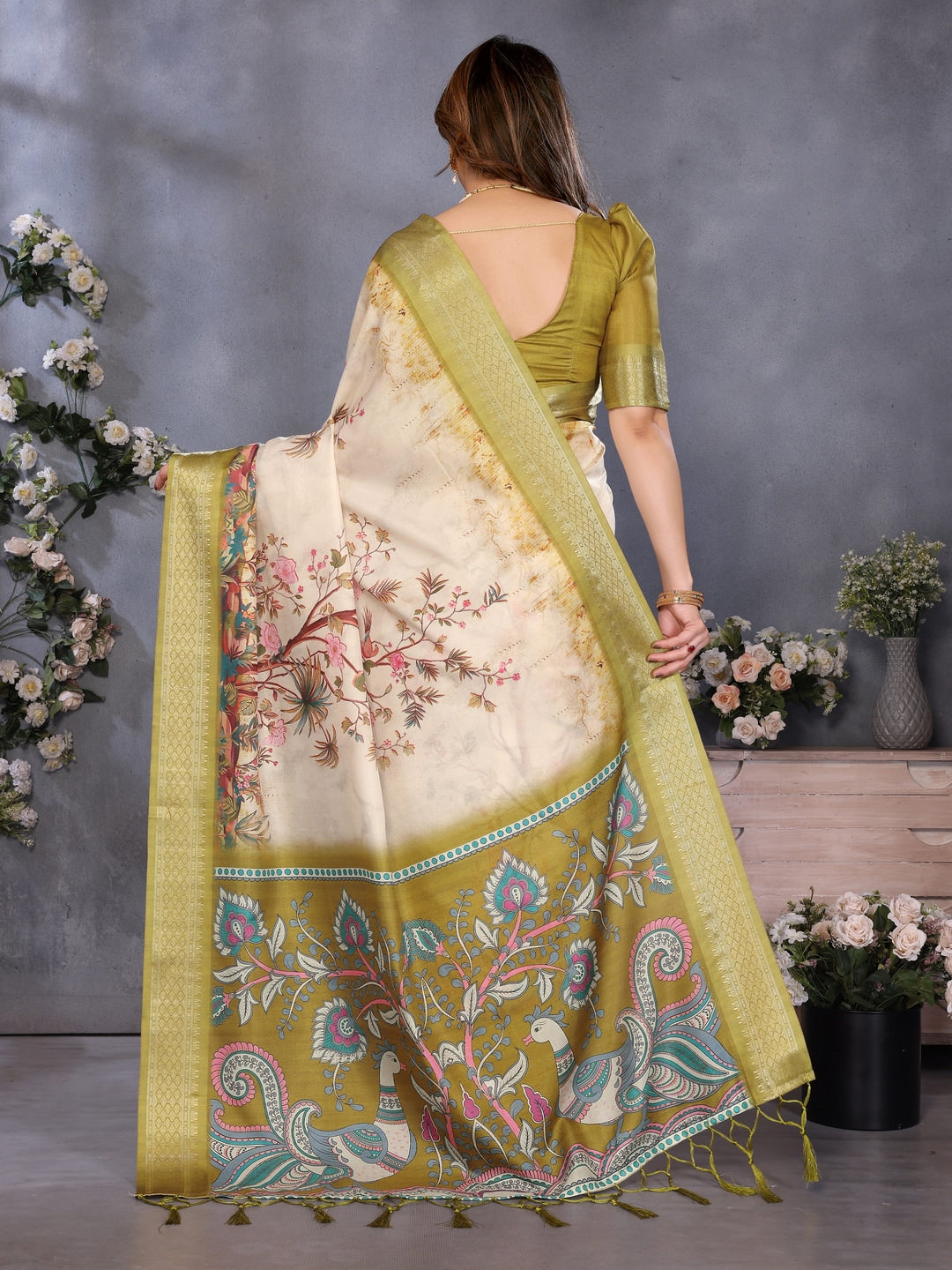 Olive Soft Aura Cotton Silk Digital Print Saree with Zari Border - Image 3