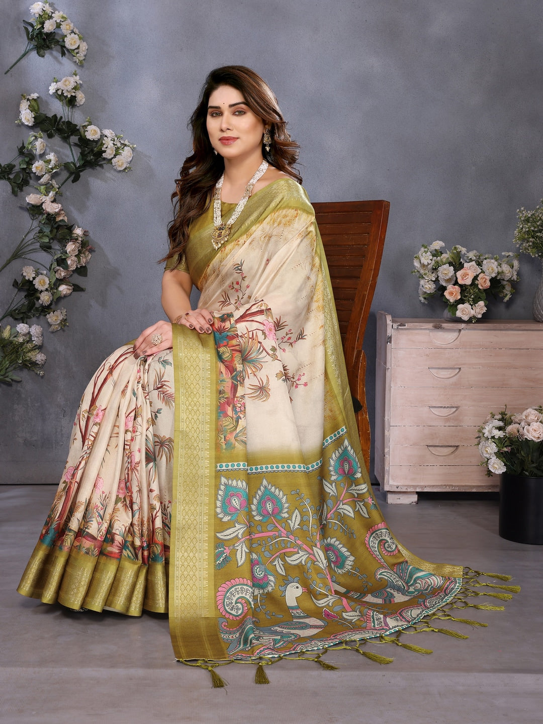 Olive Soft Aura Cotton Silk Digital Print Saree with Zari Border - Image 4