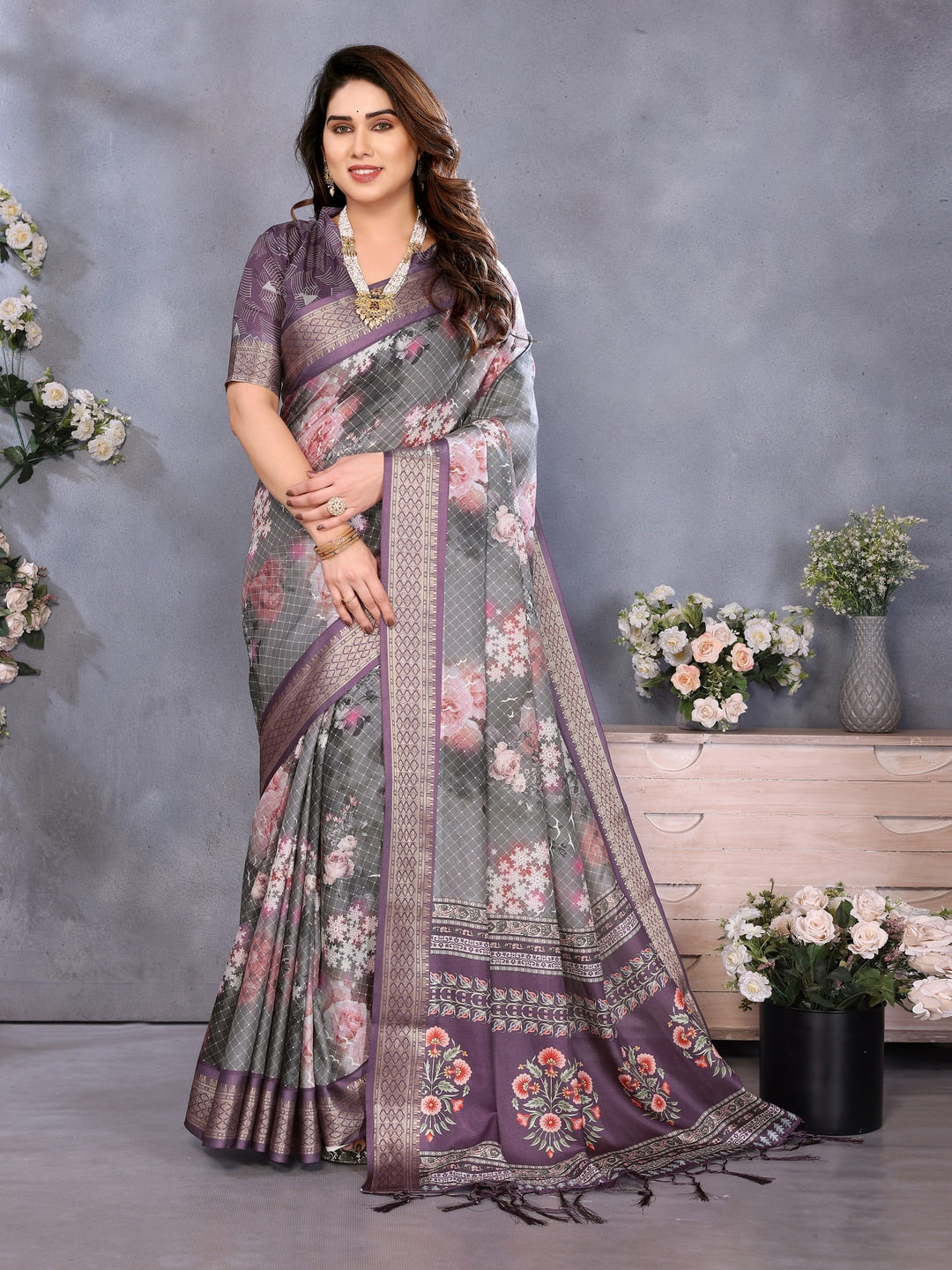 Wine Soft Aura Cotton Silk Digital Print Saree with Zari Border - Image 1