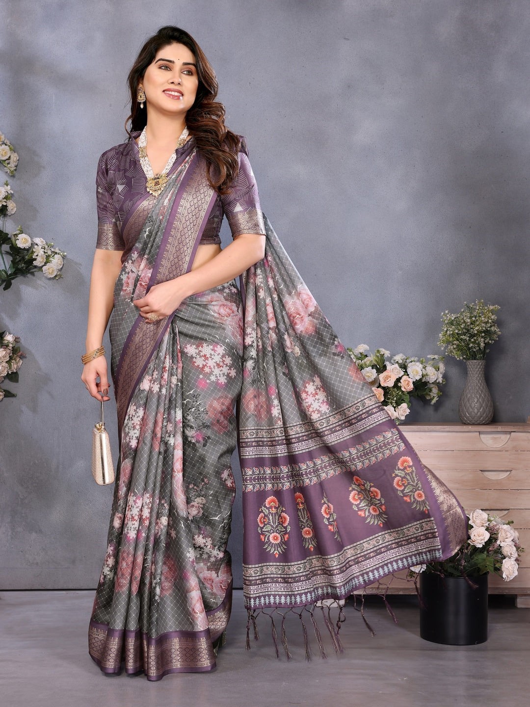 Wine Soft Aura Cotton Silk Digital Print Saree with Zari Border - Image 4