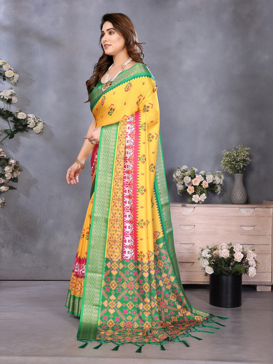 Yellow Soft Aura Cotton Silk Digital Print Saree with Zari Border - Image 2