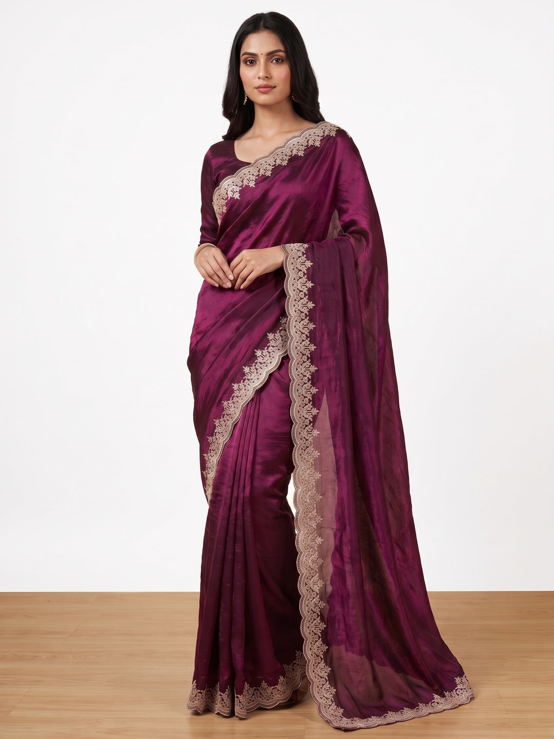 Peachmode Wine Fendi Satin Embroidered Saree - Image 4