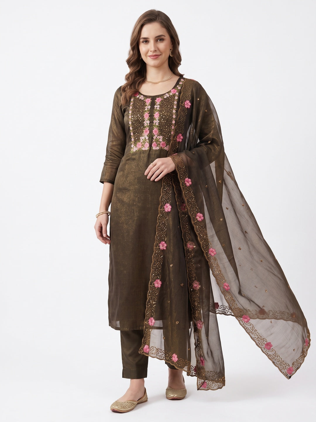 Deep Olive Shimmer Dress Material with Floral Embroidery and Dupatta - Image 1