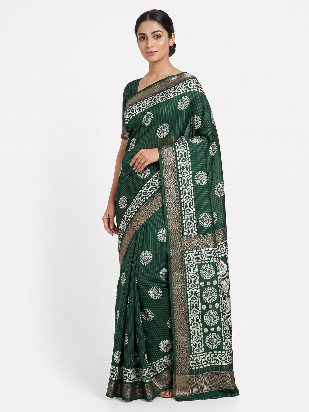 Classic Dark Green Dola Silk Saree Adorned with Floral Motifs & Rich Zari Work - Image 1