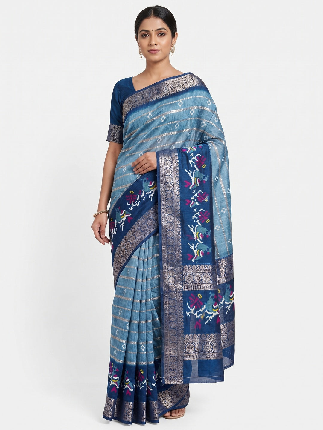 Blue Ikkat Printed Dola Silk Saree With Elegant Weaving Work - Image 1
