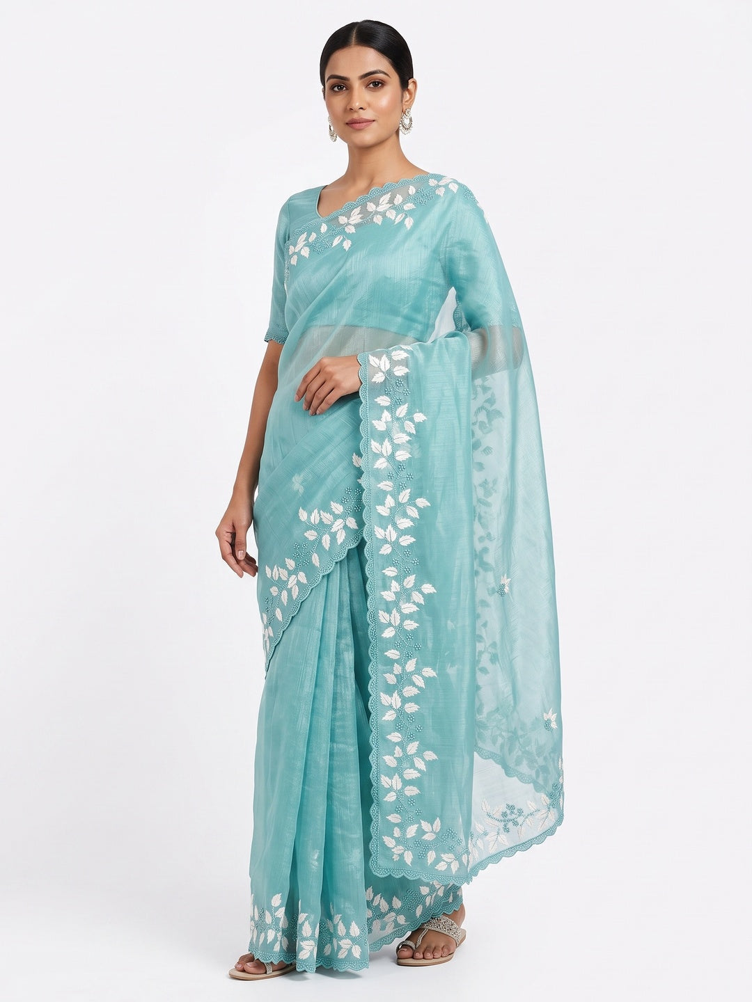 Turquoise Organza Saree Featuring Fine Floral Embroidery - Image 1