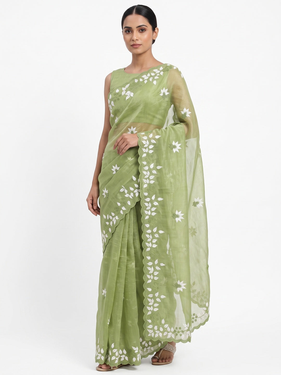 Chic Green Organza Saree Featuring Fine Floral Embroidery - Image 1