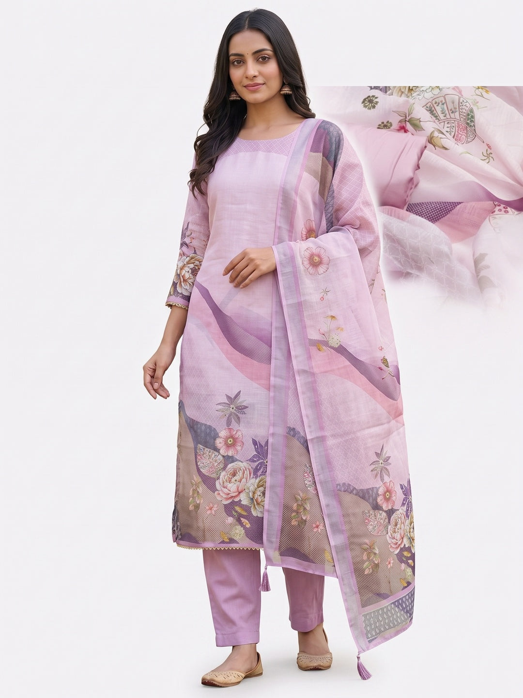 Elegant Floral Printed Lavender Linen Dress Material Set - Image 5