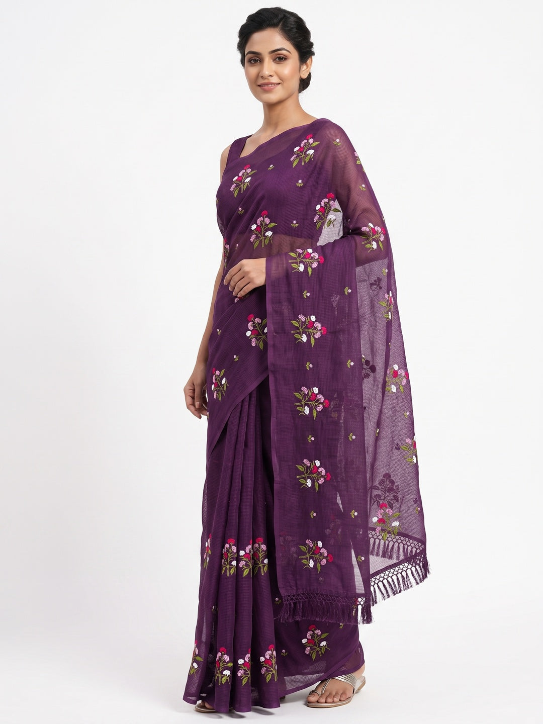 Purple Floral Embroidered Kota Doria Saree With Tassels - Image 1