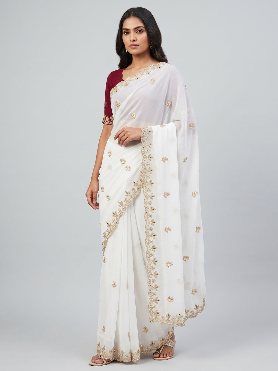 Graceful White Georgette Saree Adorned With Floral Embroidery & Moti Beads Detailing - Image 1