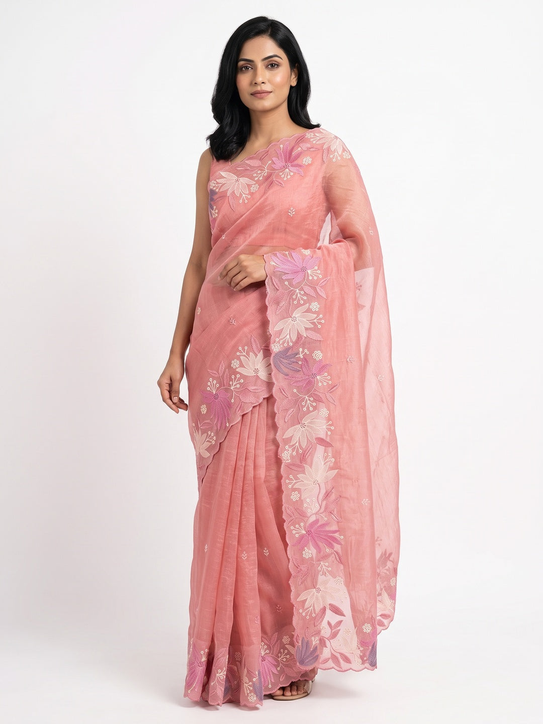 Peach Organza Party Saree with Intricate Floral Embroidery - Image 1