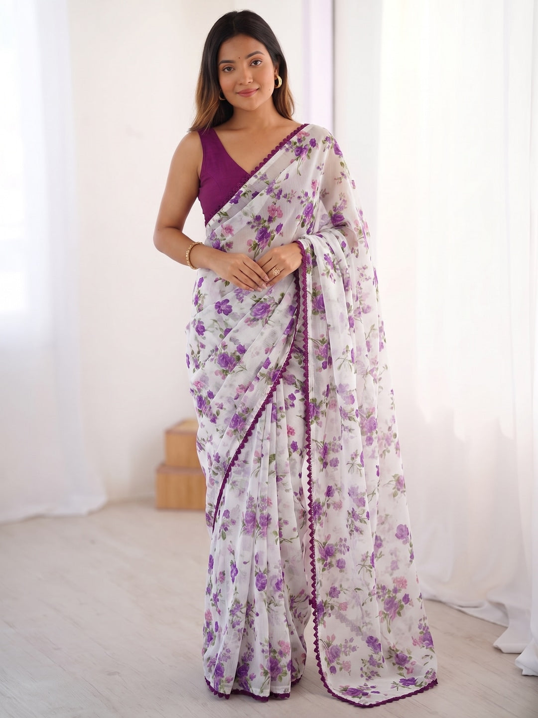 Purple Heavy Chiffon Daily Wear Saree with Fancy Lace Border - Image 1