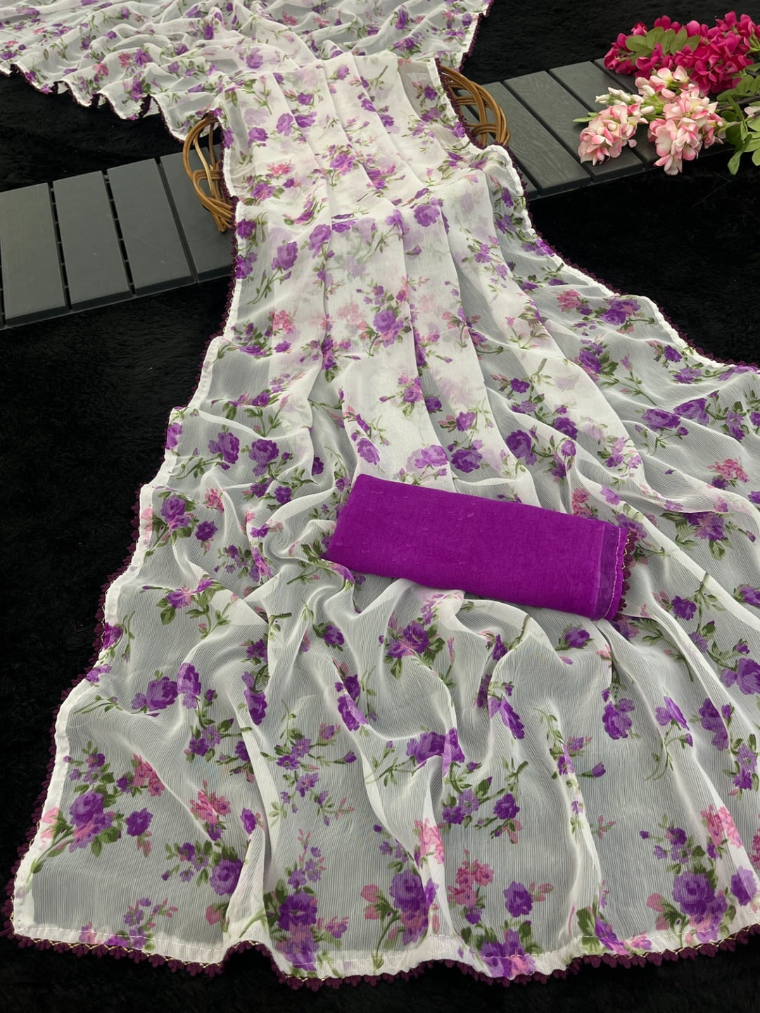 Purple Heavy Chiffon Daily Wear Saree with Fancy Lace Border - Image 4