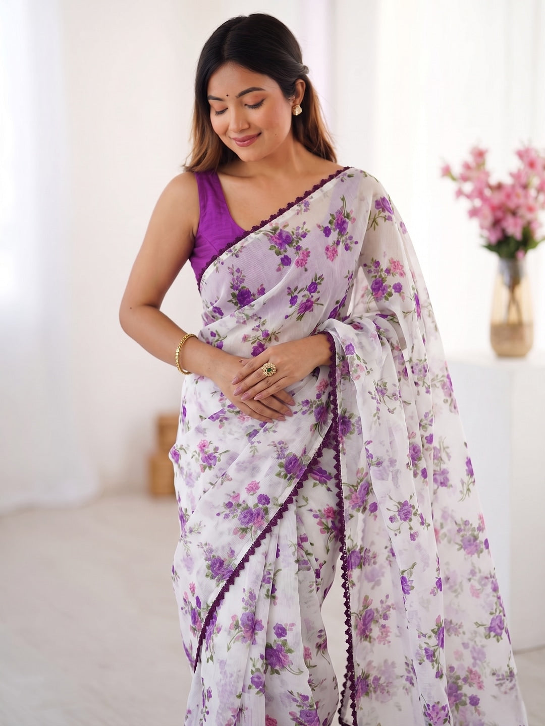 Purple Heavy Chiffon Daily Wear Saree with Fancy Lace Border - Image 5