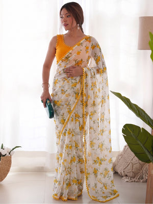 Yellow Heavy Chiffon Daily Wear Saree with Fancy Lace Border - Image 1