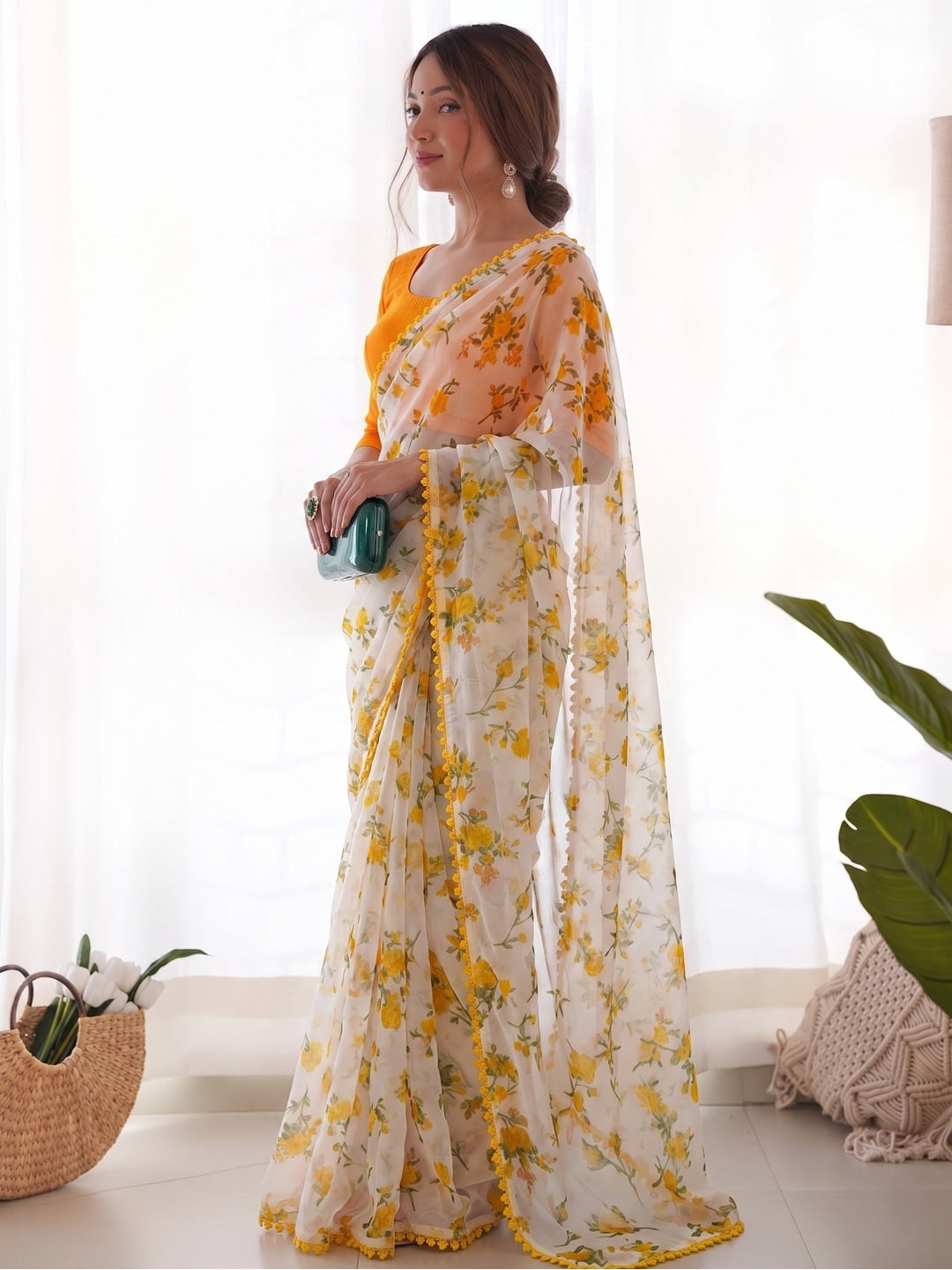 Yellow Heavy Chiffon Daily Wear Saree with Fancy Lace Border - Image 2