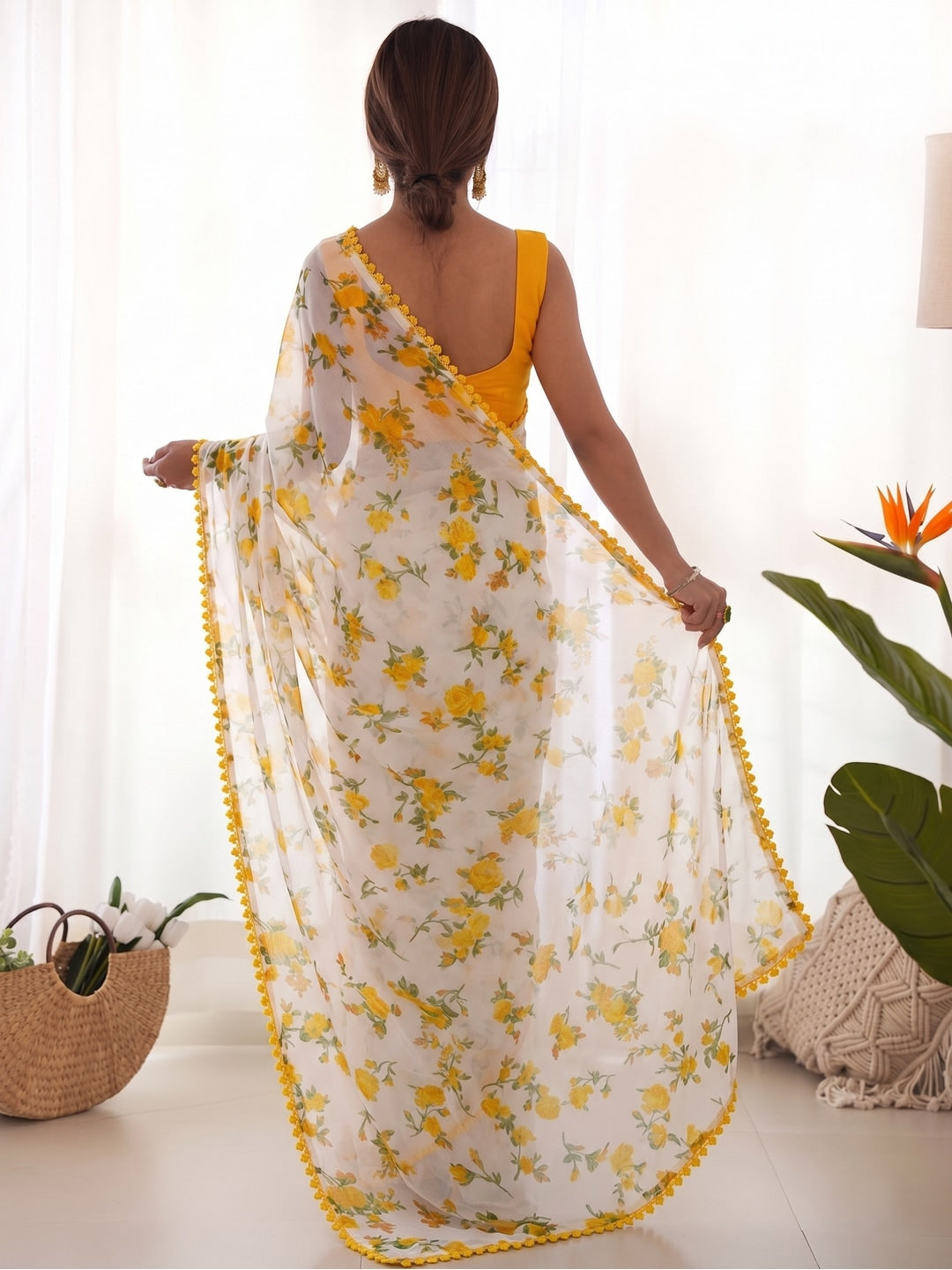 Yellow Heavy Chiffon Daily Wear Saree with Fancy Lace Border - Image 3