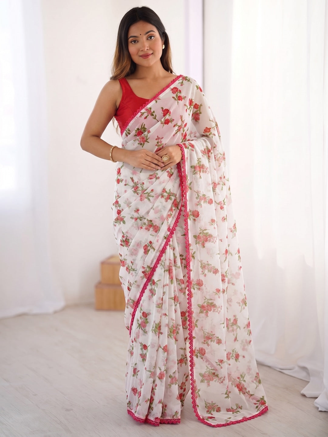 Pink Heavy Chiffon Daily Wear Saree with Fancy Lace Border - Image 1