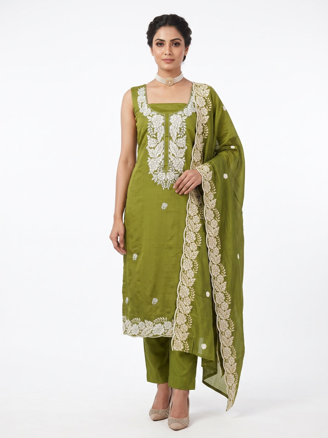 Mehendi Green Rich Viscose Dress Material Highlighted with Refined Floral Thread Embroidery - Image 1