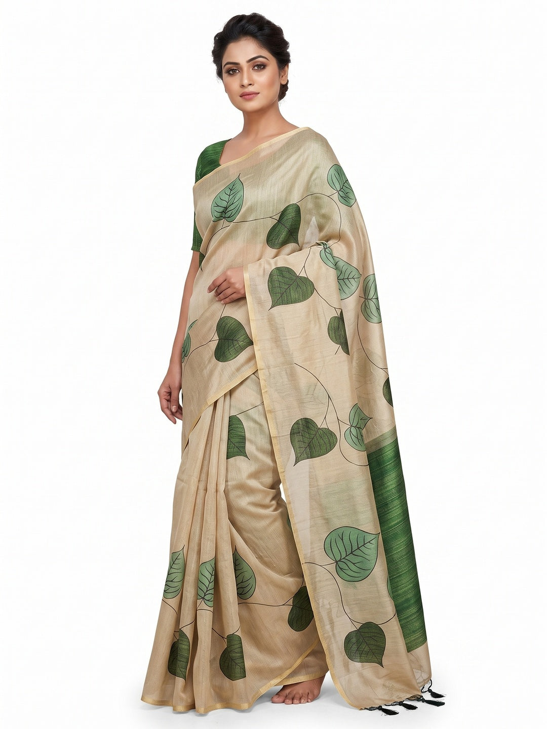 Beige & Green Saree in Art Silk Featuring Leafy Print & Tassels - Image 1