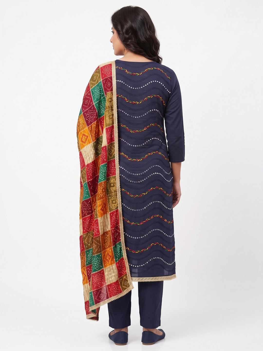 Navy Blue Cotton Blend Dress Material With Intricate Thread Embroidery & Paper Mirror Work - Image 2