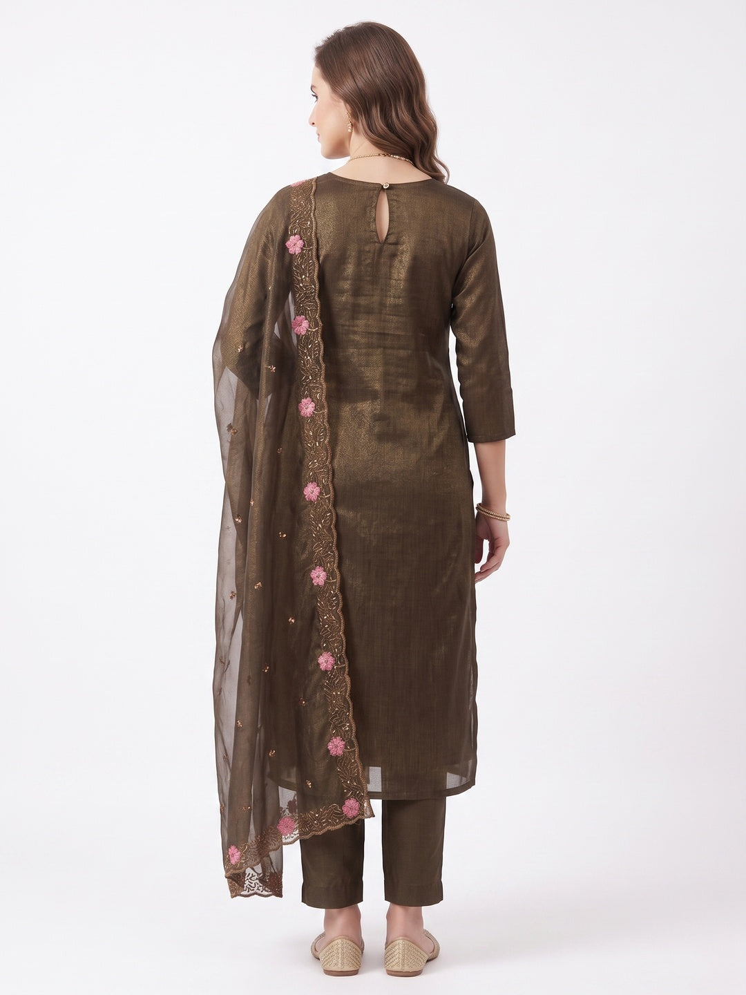 Deep Olive Shimmer Dress Material with Floral Embroidery and Dupatta - Image 2