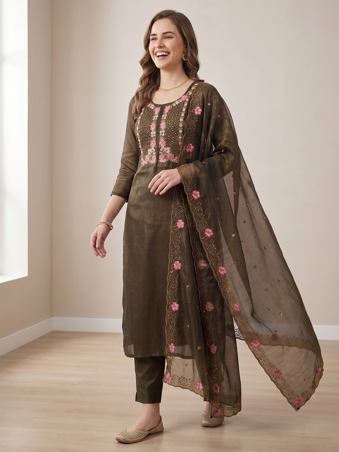 Deep Olive Shimmer Dress Material with Floral Embroidery and Dupatta - Image 4
