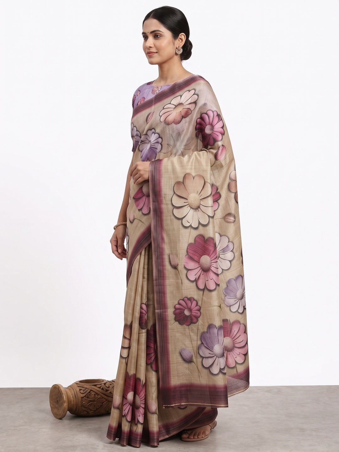 Elegant Chikoo Floral Digital Print Art Silk Saree For Timeless Charm - Image 3